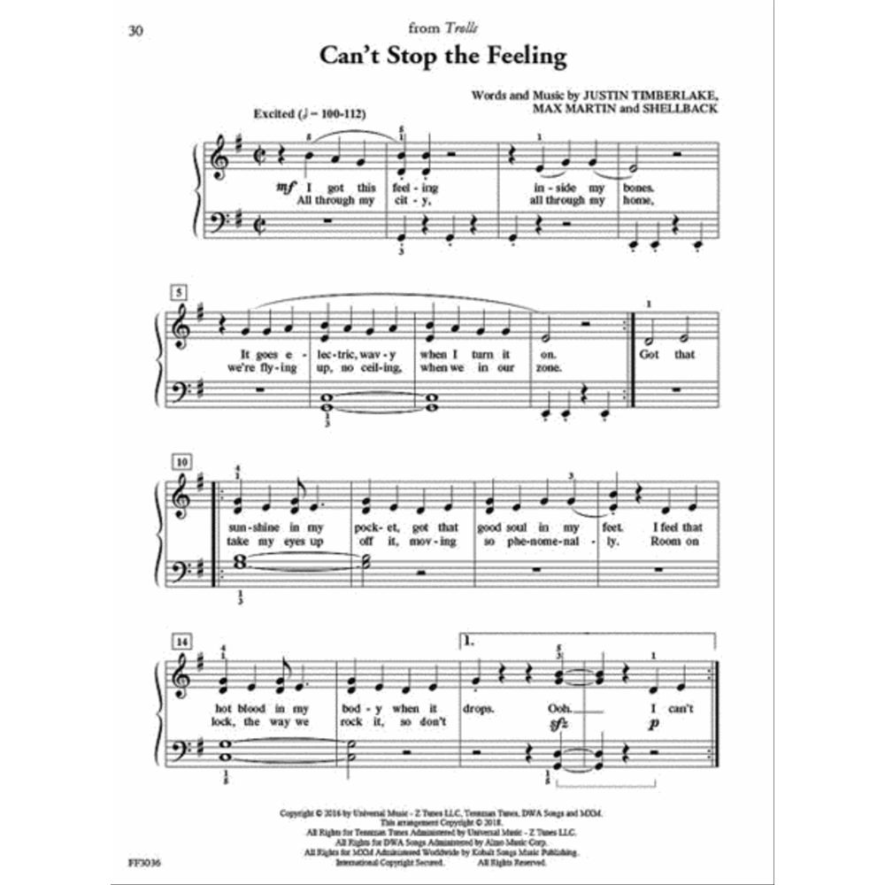 The image shows piano/vocal sheet music for "Can't Stop the Feeling" by Justin Timberlake, Max Martin, and Shellback from the movie "Trolls." It is in 4/4 time, key of C major, with a tempo of ♩=100-112. The page includes treble and bass clefs, melody, lyrics like "I got this feeling inside my bones," and basic piano accompaniment. Page 30 includes copyright info from 2016 by Universal Music and others.