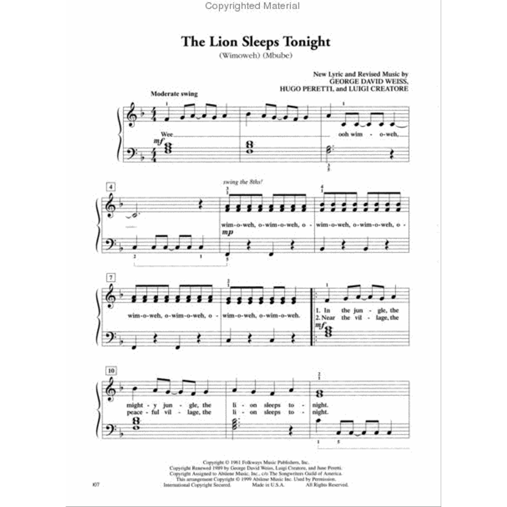 The image shows a page of sheet music for "The Lion Sleeps Tonight" (Wimoweh/Mbube), arranged for piano and voice. It includes treble and bass clefs, melody with lyrics like "Wim-o-weh" and verses about the jungle, in B-flat major, 4/4 time, marked "Moderate swing." Composers are Weiss, Peretti, and Creatore. Published by Folkways Music Publishers, the sheet music features vocal melody and piano accompaniment.