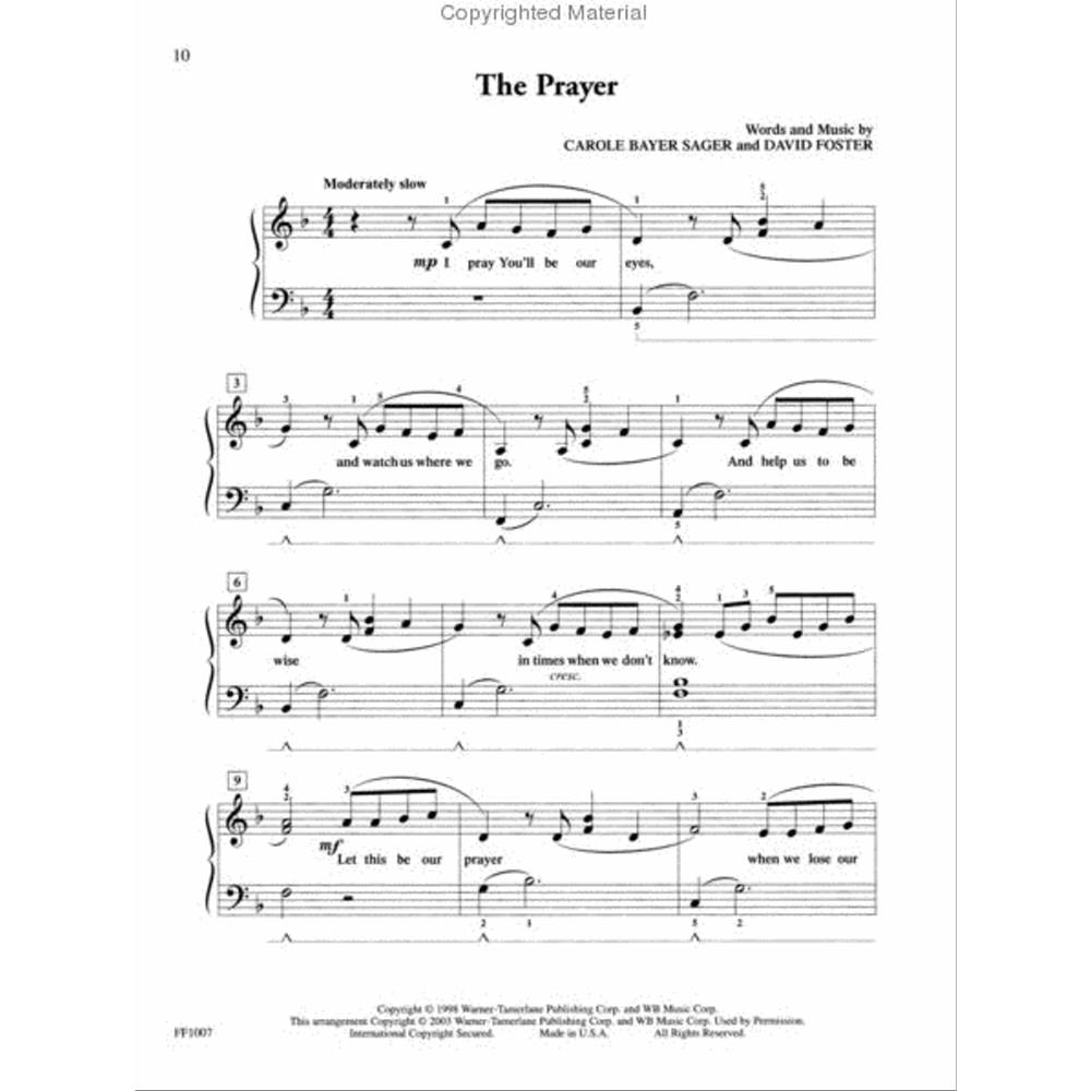 The image shows page 10 of sheet music titled "The Prayer," with words and music by Carole Bayer Sager and David Foster. It features piano parts in treble and bass clefs, 4/4 time, B♭ major key, tempo marked moderately slow, and dynamics marked mezzo-piano. Lyrics visible include lines such as "I pray You'll be our eyes" and "Let this be our prayer when we lose our." Copyright by Warner-Tamerlane and WB Music Corp.