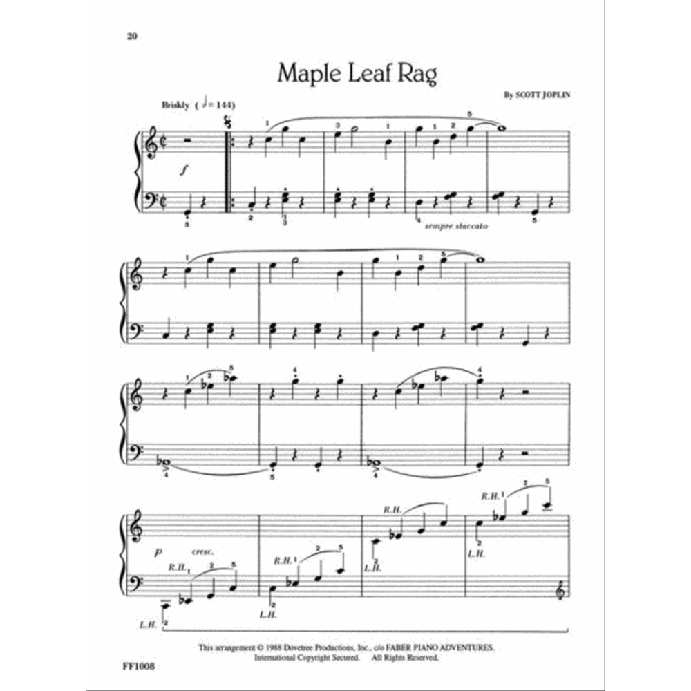The image shows a page of piano sheet music for Scott Joplin's "Maple Leaf Rag," featuring the title, composer, tempo marking (Briskly ♩=144), and standard treble and bass clefs. It includes fingering, dynamics, hand position labels, and showcases Joplin’s syncopated ragtime style. The page is from Faber Piano Adventures (FF1008), likely an intermediate-level educational edition, and is numbered page 29.
