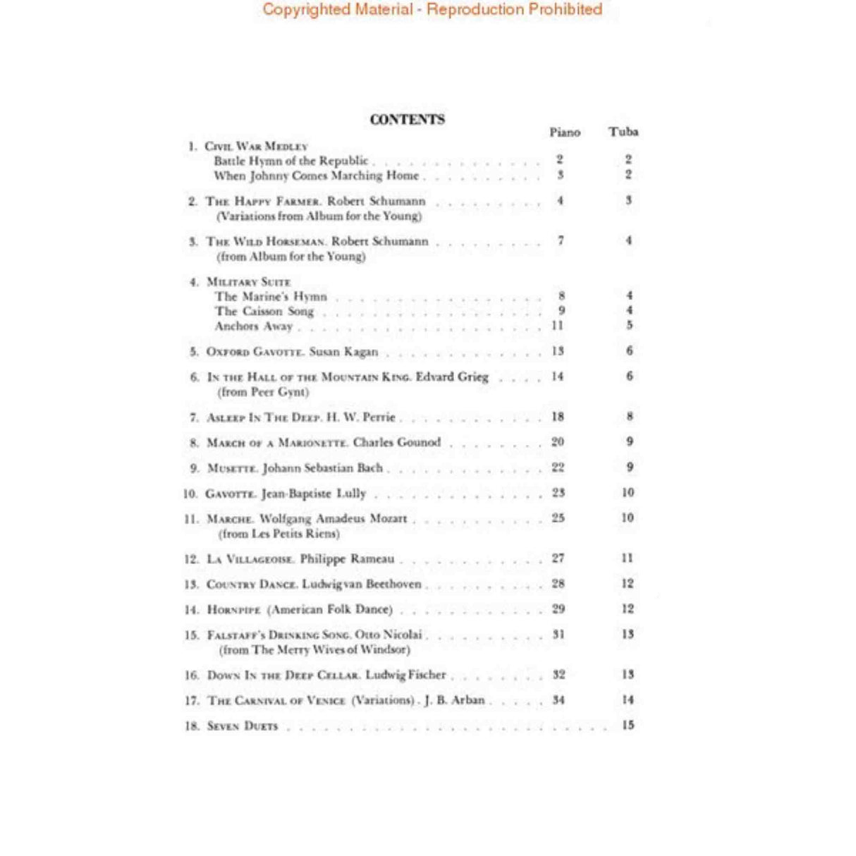 Table of contents for the music book First Solos for the Tuba Player with titles and page numbers.