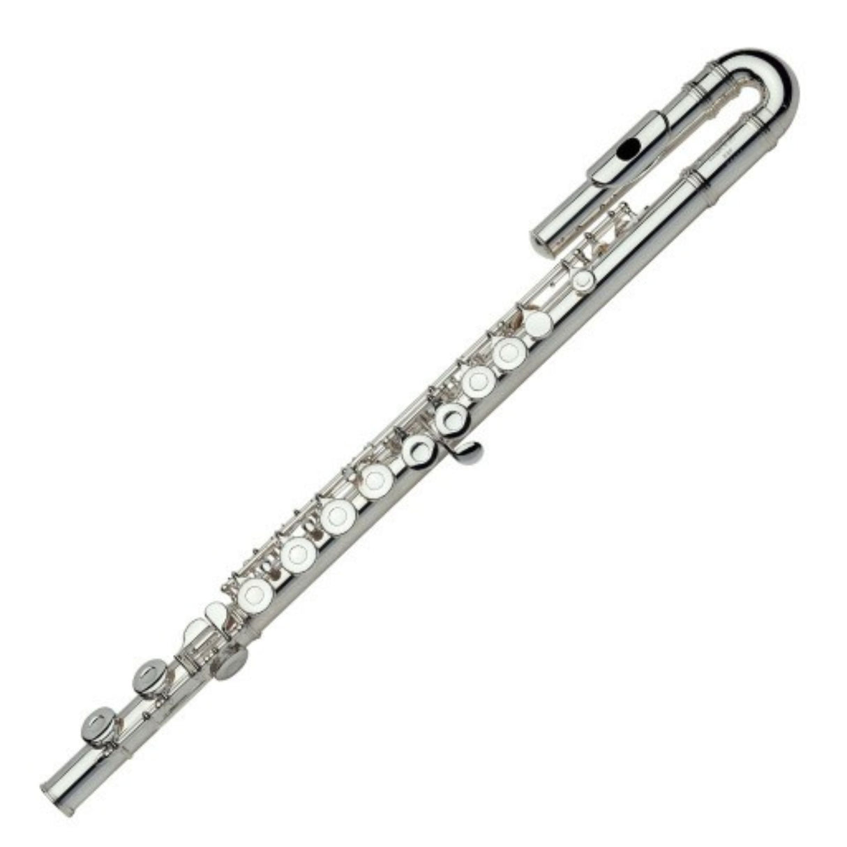 The image shows a silver-plated concert flute, a woodwind instrument typically made of metal. Visible parts include the curved head joint with the embouchure hole, the body joint with keys and tone holes, and the partially visible foot joint. The key mechanism with rods and springs controls pitch. This standard C flute is commonly used in orchestras, bands, and various music genres, featuring quality craftsmanship and a durable, attractive finish.
