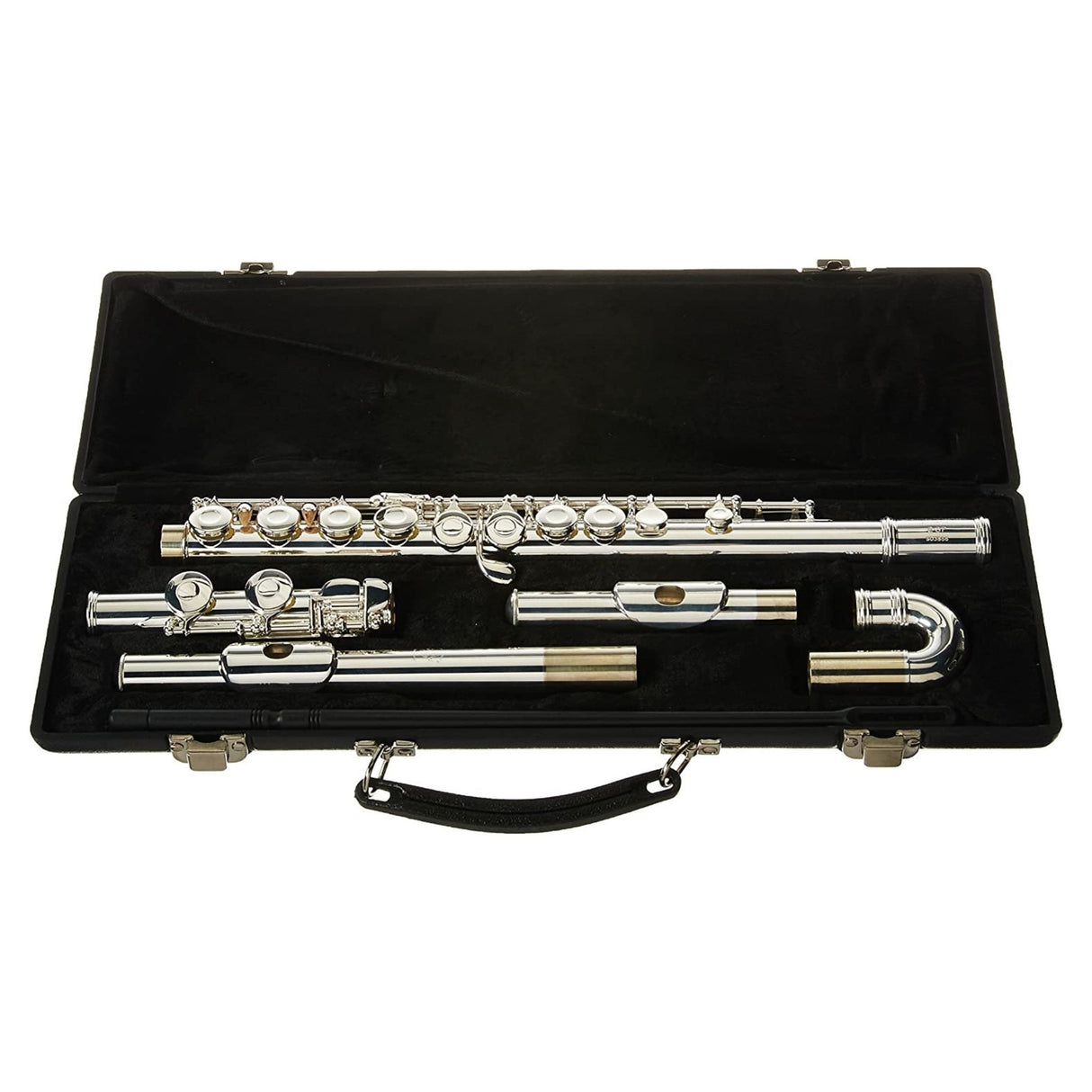 The image shows a silver-plated concert flute disassembled into head joint, body, and foot joint, neatly arranged in a black hard case with custom-fitted, dark fabric-lined compartments. The flute features polished keys with springs and pads. The case includes metal clasps and a handle. This woodwind instrument, commonly used in school bands and orchestras, appears to be a student or intermediate-level model.