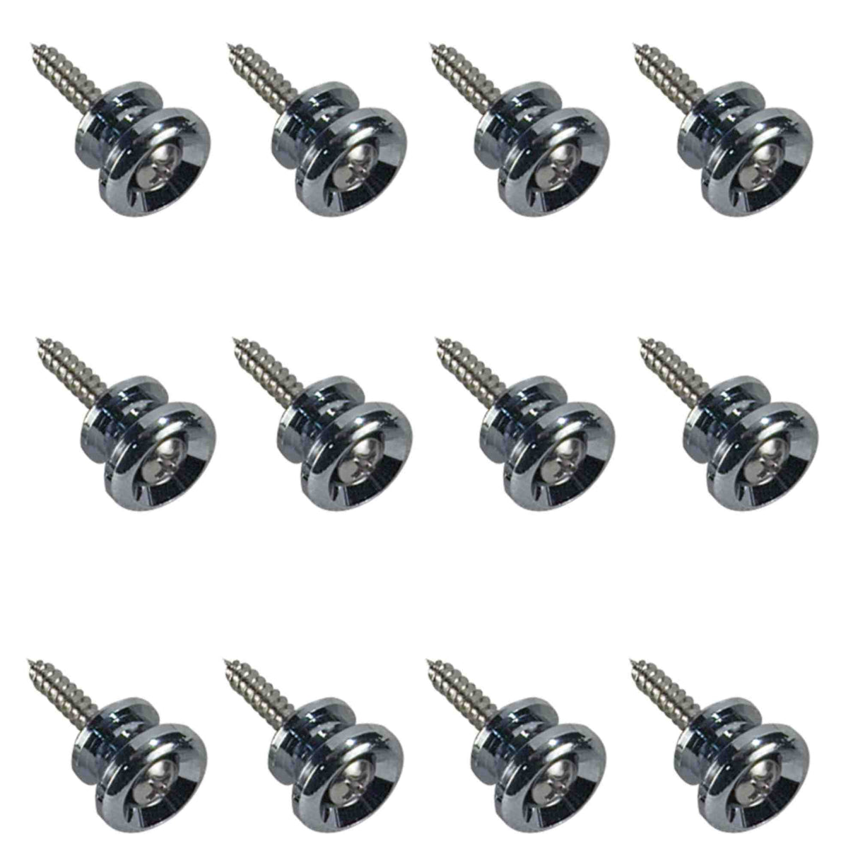 The image shows a set of 12 chrome-plated guitar strap locks arranged in a 3x4 grid. Each features a round, concave metal button with an attached wood screw for mounting. These strap locks replace standard buttons, providing secure attachment points for guitar straps. Their durable chrome finish matches other guitar hardware. This bulk pack is ideal for guitar technicians, stores, or musicians servicing multiple guitars.