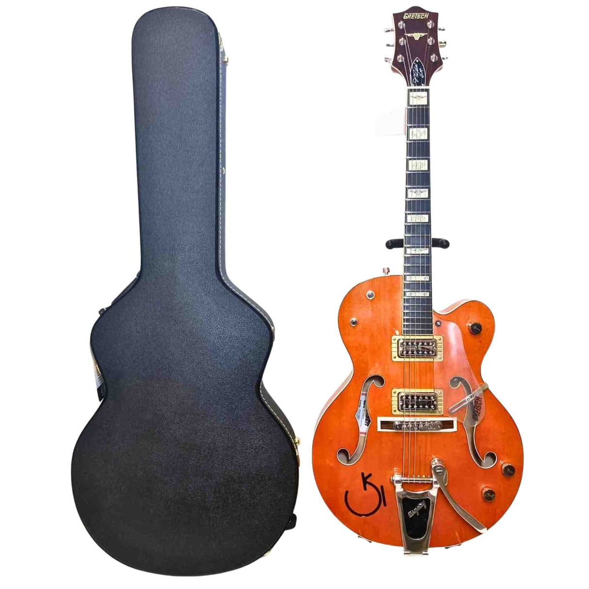 G6120RHH Reverend Horton Heat signature Orange electric guitar with a black case on a white background
