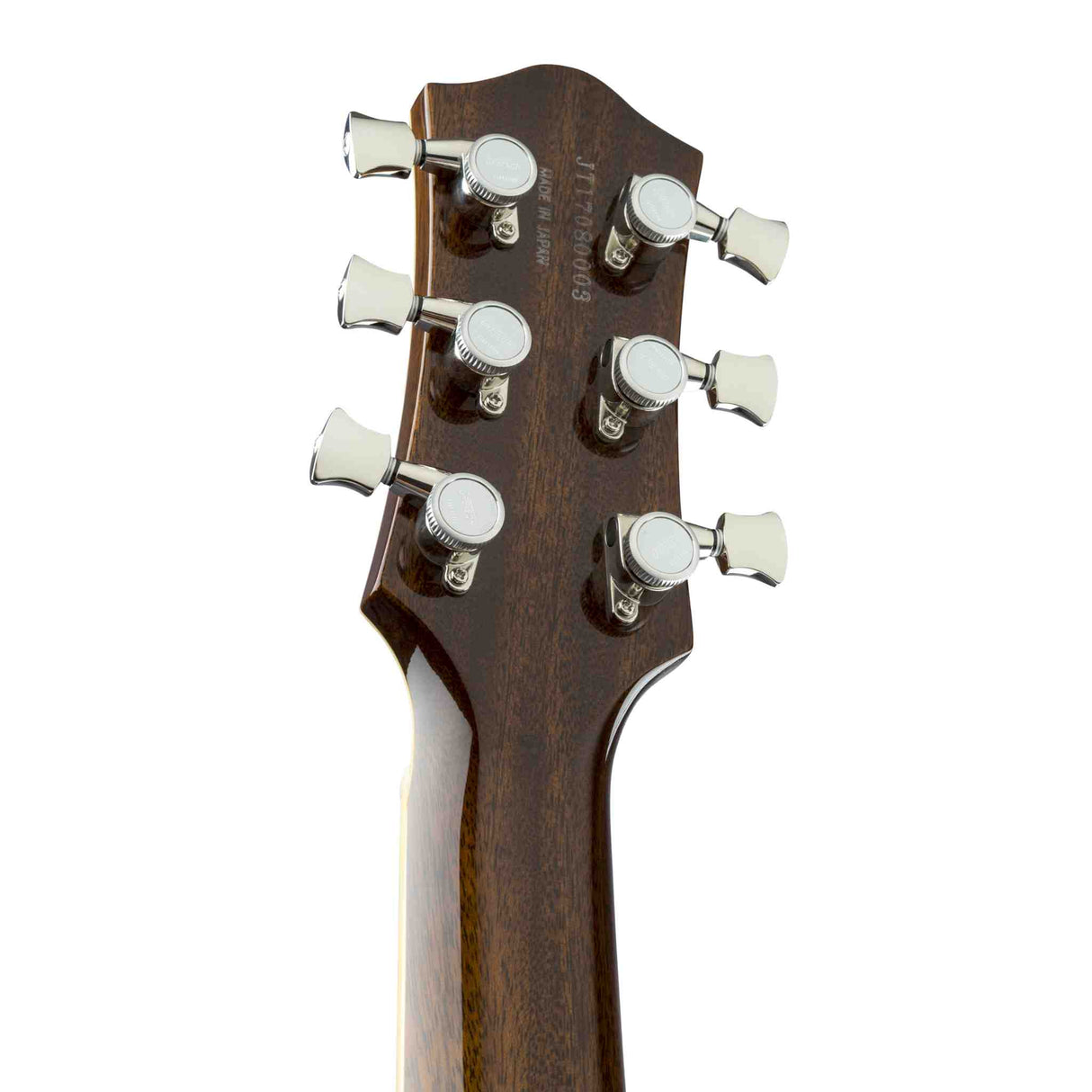 Close-up of the back of a guitar headstock with tuning pegs on a white background