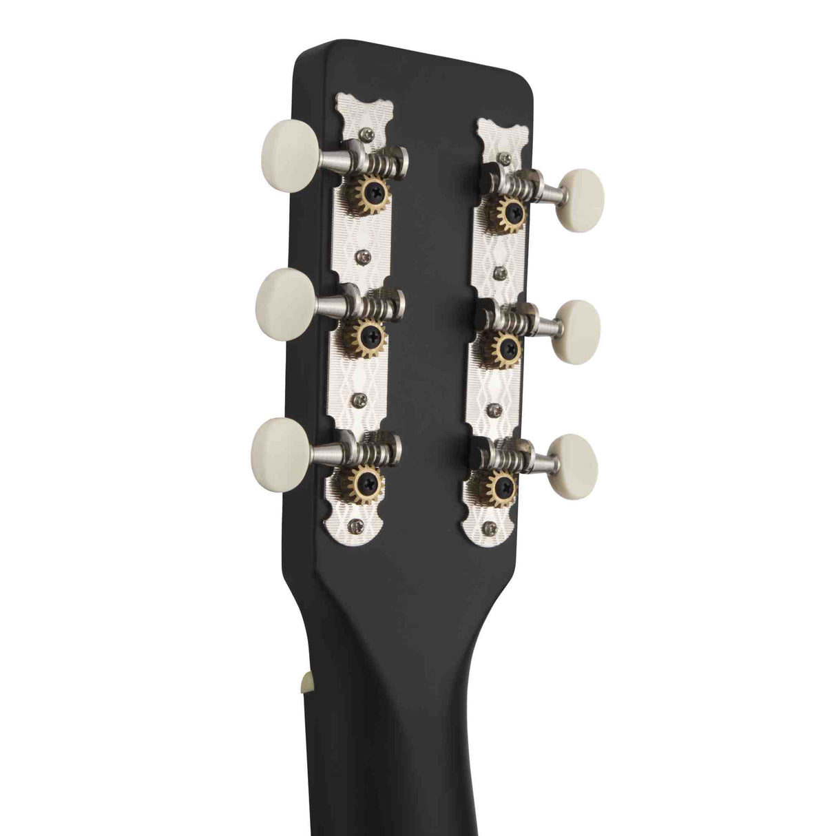 Close-up of a black guitar headstock with tuning pegs on a white background