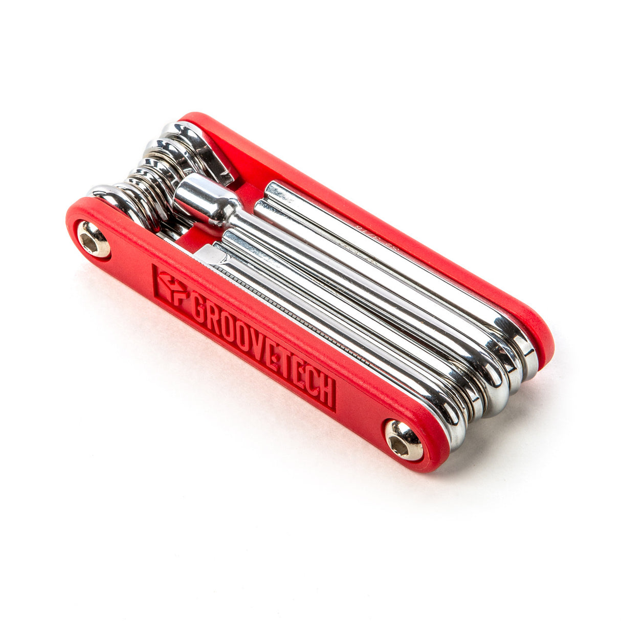 Red and silver drum multi-tool set with 'GrooveTech' branding on a white background
