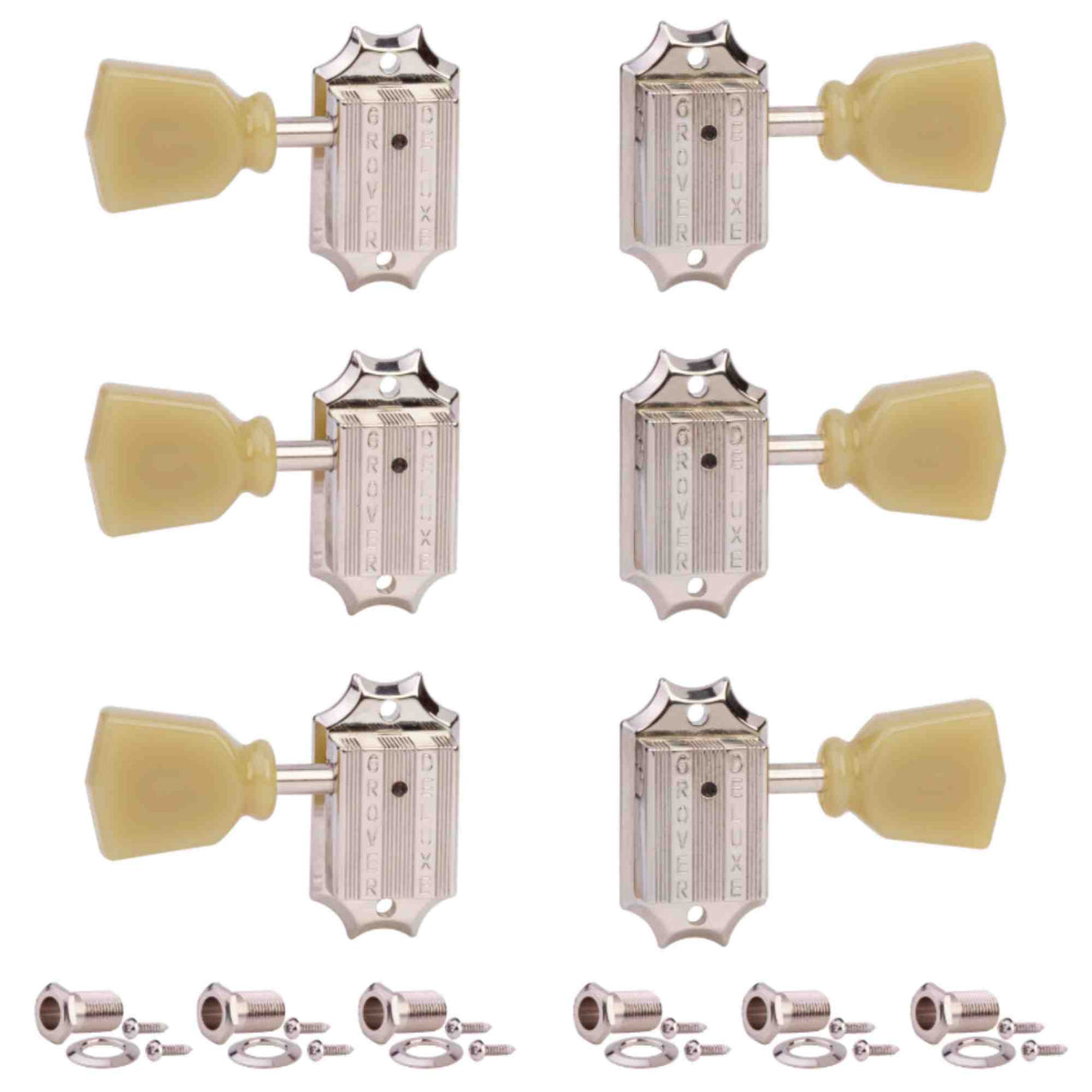 The image shows a complete set of six Grover vintage-style guitar tuning pegs with chrome-plated sealed gear housings and cream-colored plastic tuning buttons. Below are the matching screws, washers, and bushings for installation. These high-quality machine heads are designed for mounting on a guitar headstock to adjust string tension, suitable as a replacement or upgrade for acoustic or electric guitars.