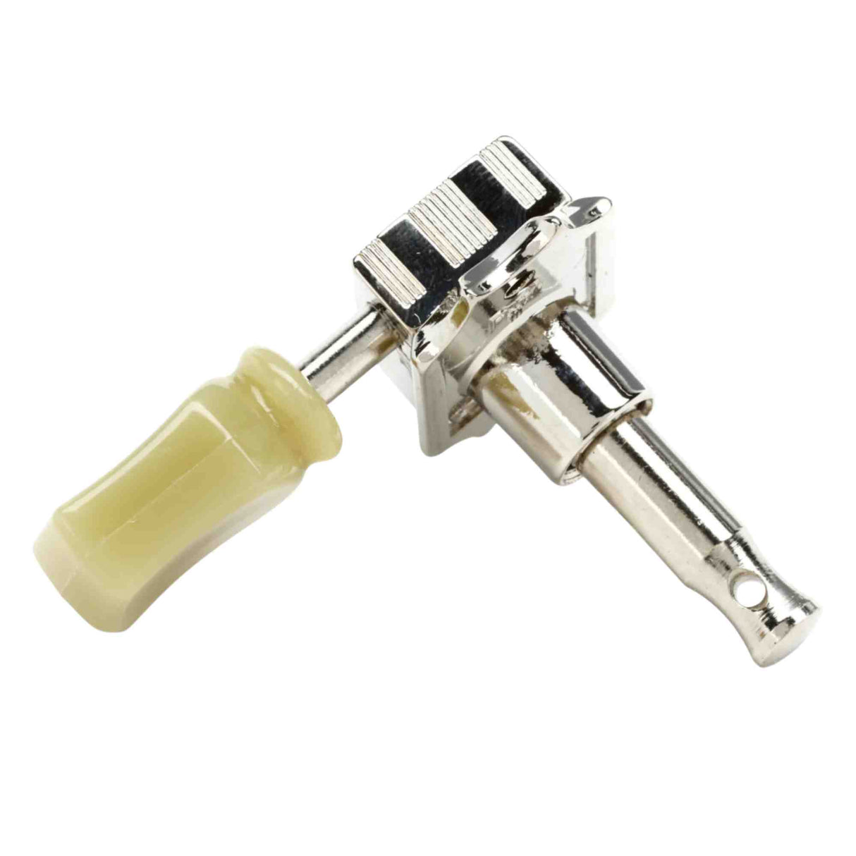 The image shows a vintage-style guitar tuning peg or machine head, featuring a chrome metal housing, a cylindrical tuning post where the string wraps, and a cream-colored button with a black and white striped pattern. This knob is turned to adjust string tension and pitch. The internal worm gear mechanism allows precise tuning, commonly used on electric and acoustic guitars for a classic retro look.