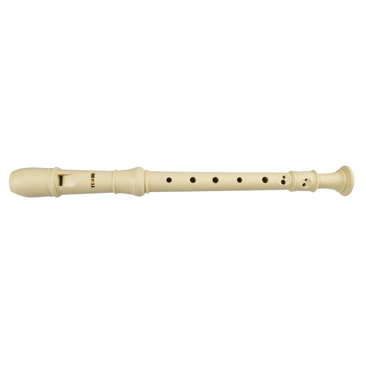 A white soprano recorder with Tudor branding.