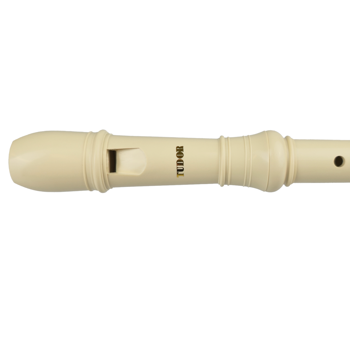 A close view of the mouthpiece of a white soprano recorder with Tudor branding.