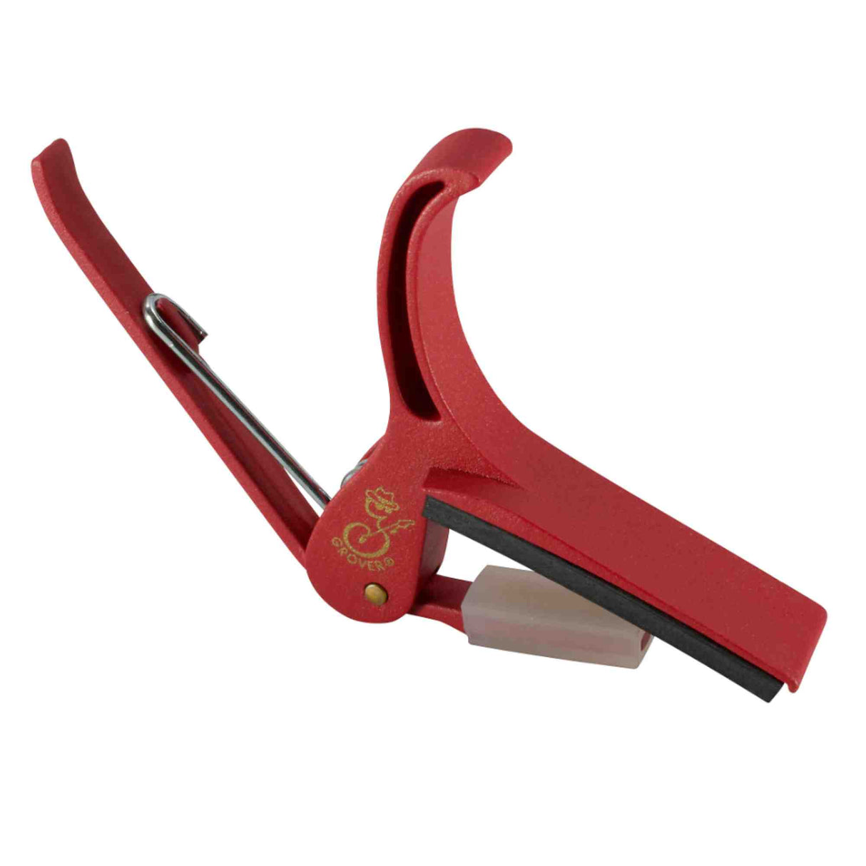 The image shows a red, spring-loaded clamp-style guitar capo with "Ceo" branding on the side. It features a curved clamp, padded light-colored strip to protect strings, and rubber-coated contact points. Designed for easy one-handed use, the capo clamps the fretboard to raise pitch, allowing guitarists to play in different keys using familiar chords.