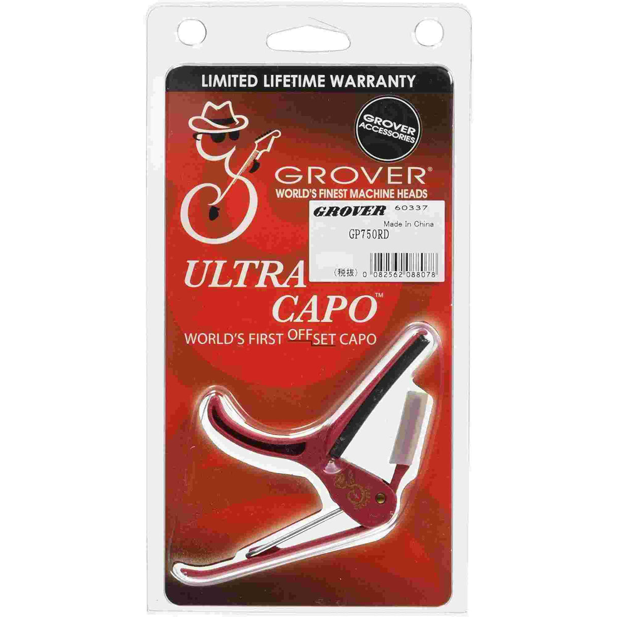 The image shows a Grover Ultra Capo GP750RD in clear blister packaging with red/black backing. Labeled as the "World’s First Offset Capo," it features a sleek, curved metal design with a spring-loaded mechanism. This partial capo clamps selective strings for creative chord voicings. The product comes with a limited lifetime warranty and reflects Grover’s quality reputation.