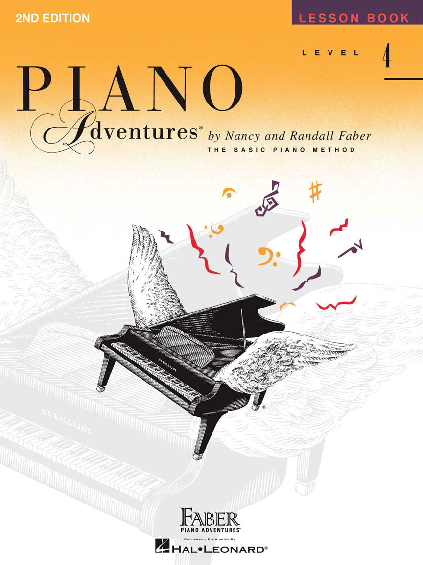 The image shows the cover of "Piano Adventures Level 4 Lesson Book, 2nd Edition" by Nancy and Randall Faber. It features a grand piano with wings and floating musical notes in orange and purple accents, set against a warm orange-to-white gradient with subtle piano keys. This intermediate-level piano instruction book is part of the Basic Piano Method series by Faber Piano Adventures, published by Hal Leonard.