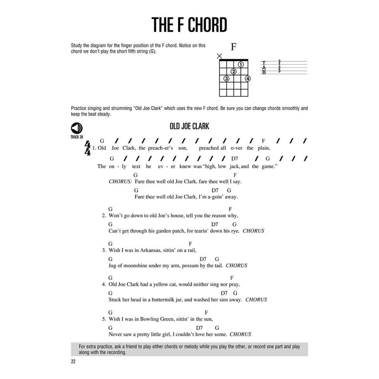 Sheet music for 'Old Joe Clark' with an F chord diagram on a white background