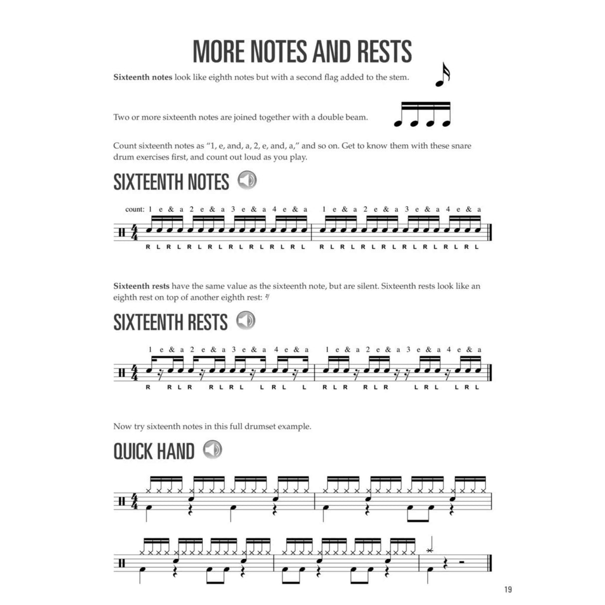 Music sheet page teaching about sixteenth notes and rests with text and musical notation.