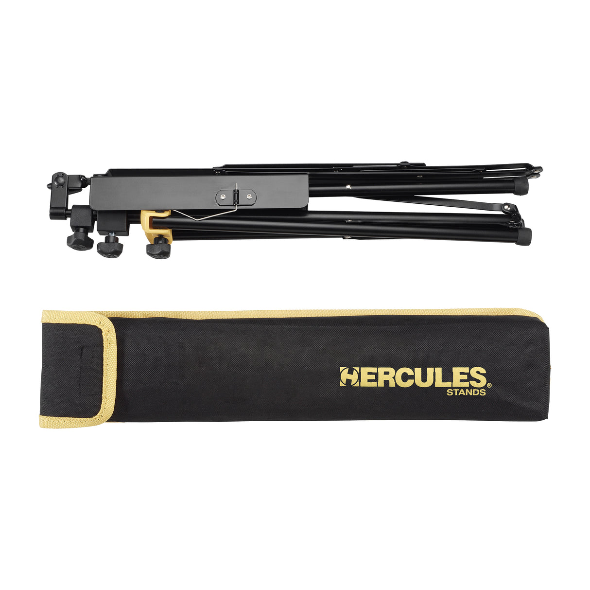 Black folded music stand with Hercules branding on a white background