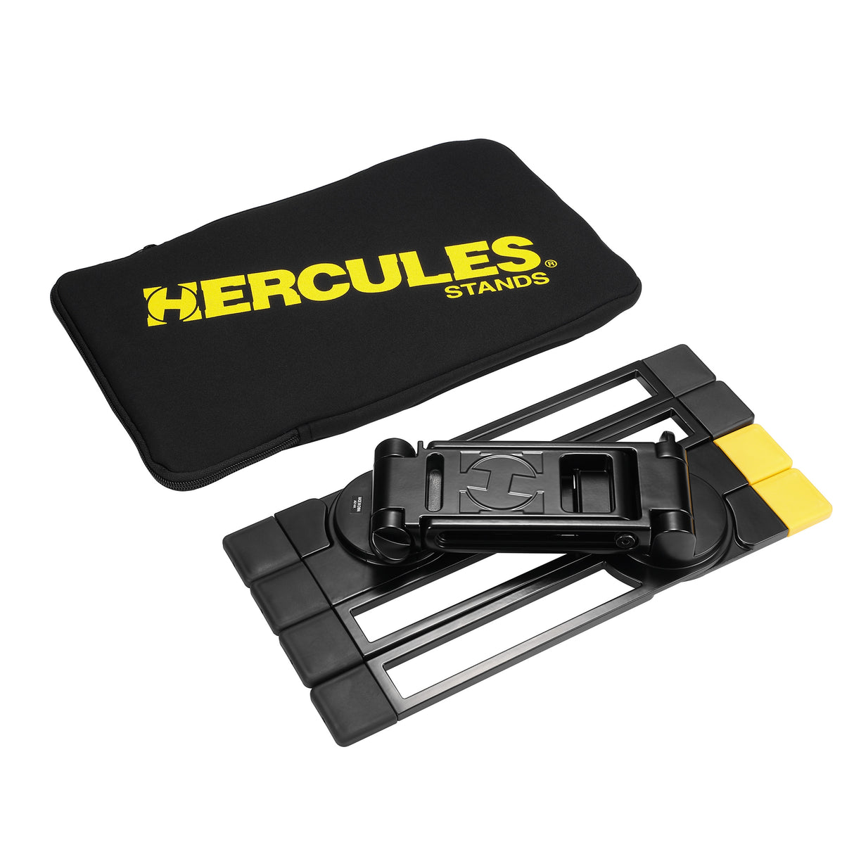 Folded black laptop stand next to a carrying bag with Hercules branding on a white background