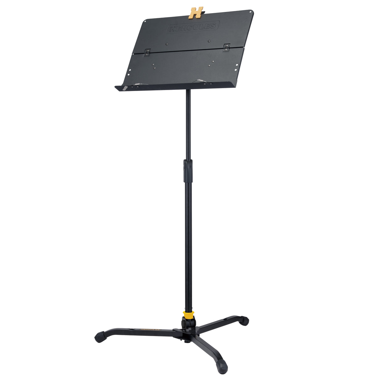 Black adjustable music stand on a white background