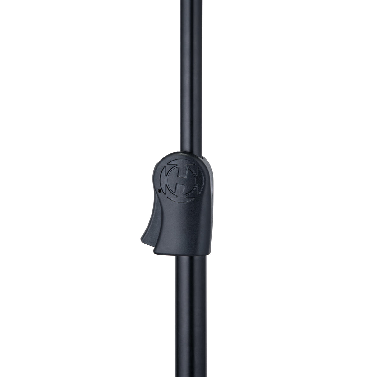 Black metal rod with a clip on a white background