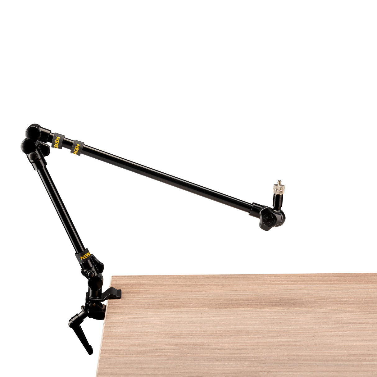 Black adjustable microphone stand on a white background