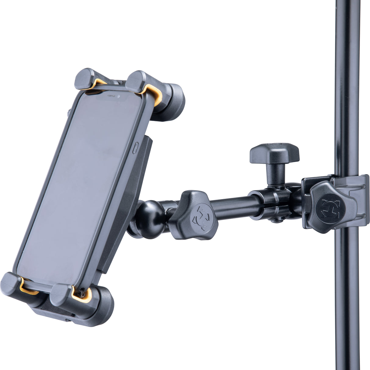 Phone holder attached to a stand on a white background