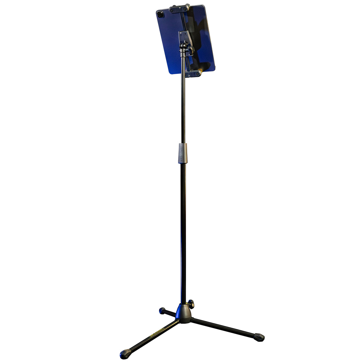 A black tripod stand with a tablet holder