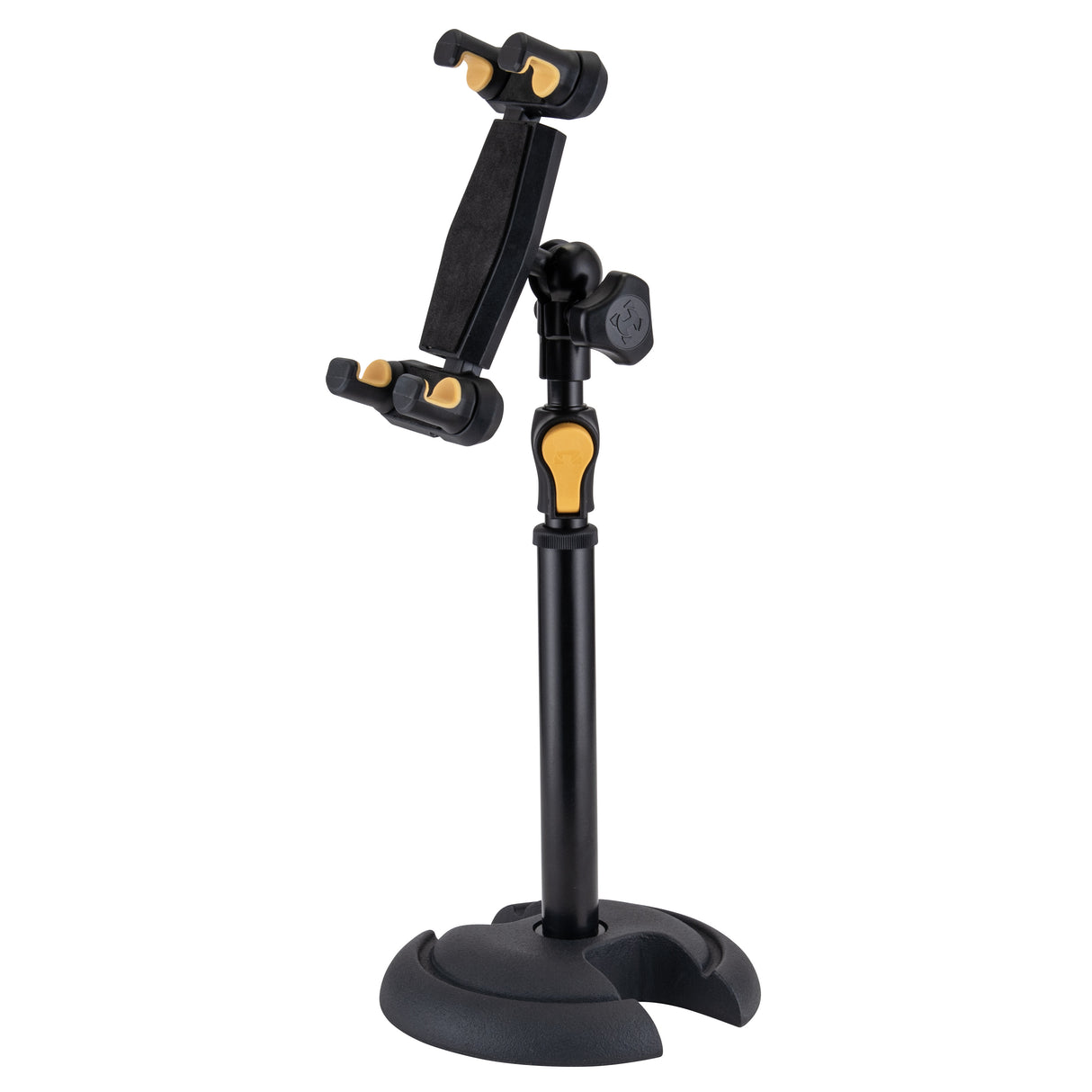 A black and yellow stand with a tablet/smartphone holder
