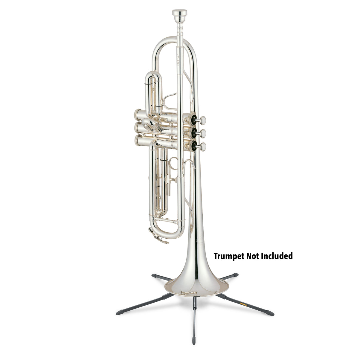 Silver trumpet on a stand with 'Trumpet Not Included' text on a white background