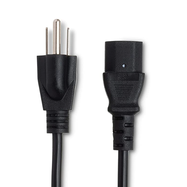 The image shows a power cable commonly used in the music industry to power equipment like guitar amps, keyboards, mixers, effects pedals, recording gear, PA systems, synthesizers, and organs. It features a three-pronged male plug on the left and an IEC C13 female connector ("kettle lead") on the right. Though not an instrument, this cable is essential for safely powering professional audio and musical devices.