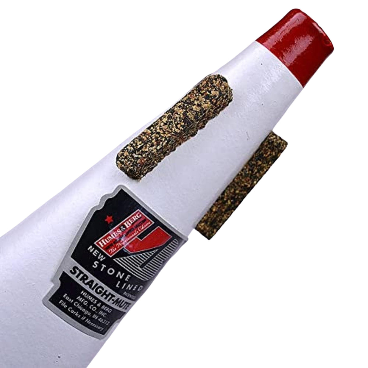The image shows a Jones HCK New Stone Liner Straight Mute for brass instruments, featuring a white body with a textured cork/rubber seal, a red cap, and a product label. Its straight, conical shape is typical of straight mutes, which alter tone, reduce volume, and create special effects, producing a focused, nasal sound popular in classical and jazz music. The stone liner enhances acoustics and durability.