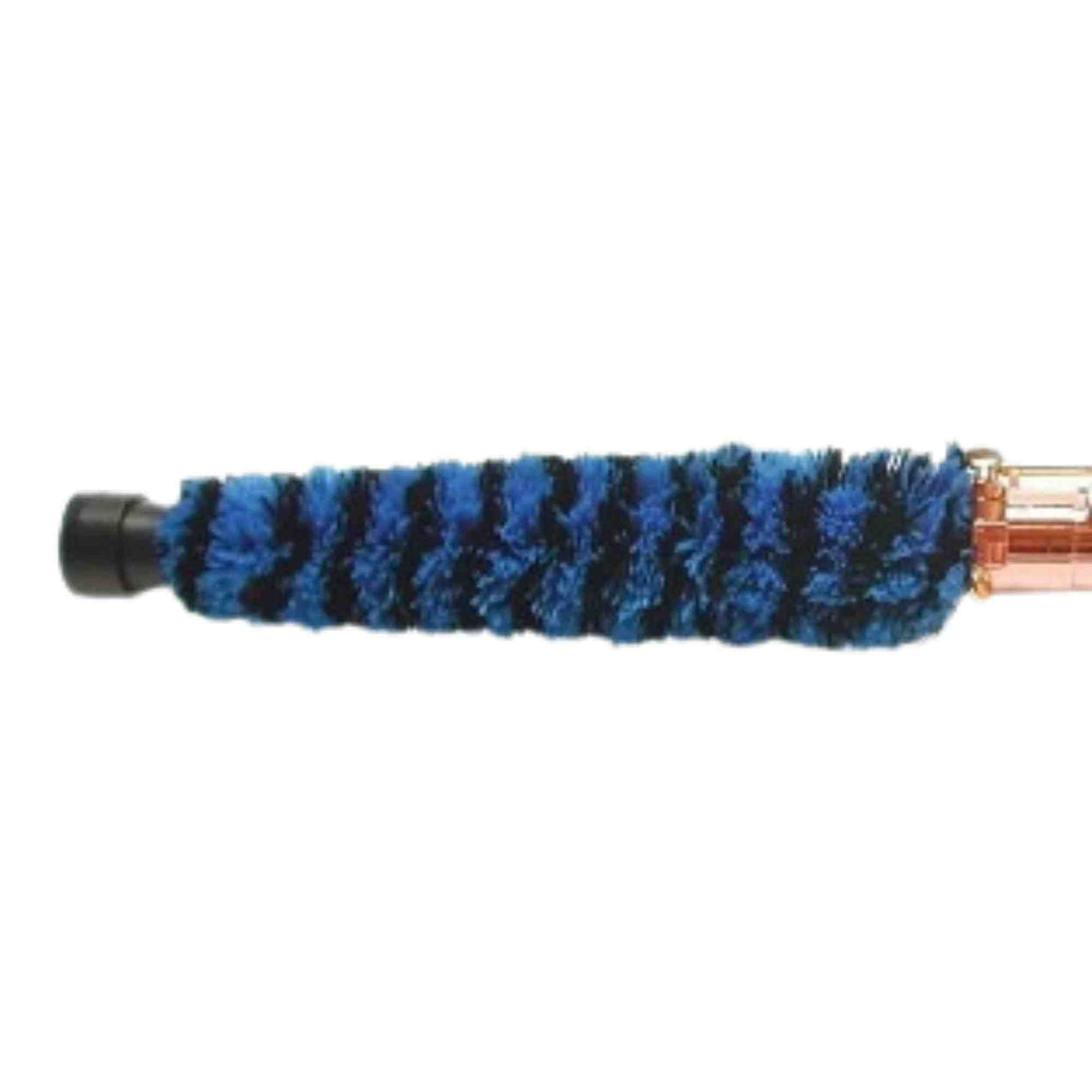 The image shows a bore brush with blue bristles, a black handle, and a brass-colored connector. It is used to clean the interior tubing of brass wind instruments like trumpets, trombones, and tubas. The bristles remove moisture and debris, while the threaded end attaches to a cleaning rod for easy maintenance, helping to preserve instrument hygiene and sound quality.