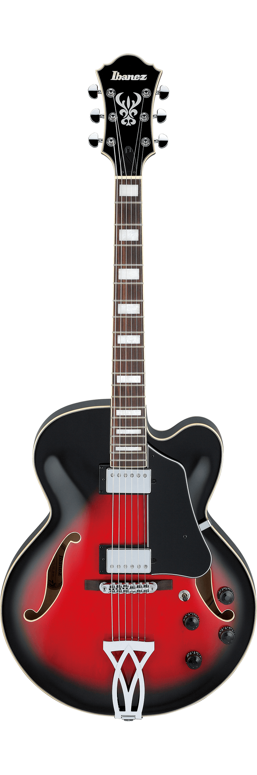 The image shows an Ibanez semi-hollow body electric guitar with red-to-black sunburst finish and cream binding. It features visible f-holes, a black headstock with the Ibanez logo and inlay, six tuning pegs, two chrome humbucking pickups, four control knobs, a chrome selector switch, and a decorative tailpiece. The dark fretboard has block inlays, and the chrome bridge completes the design, suitable for jazz, blues, and rock styles.
