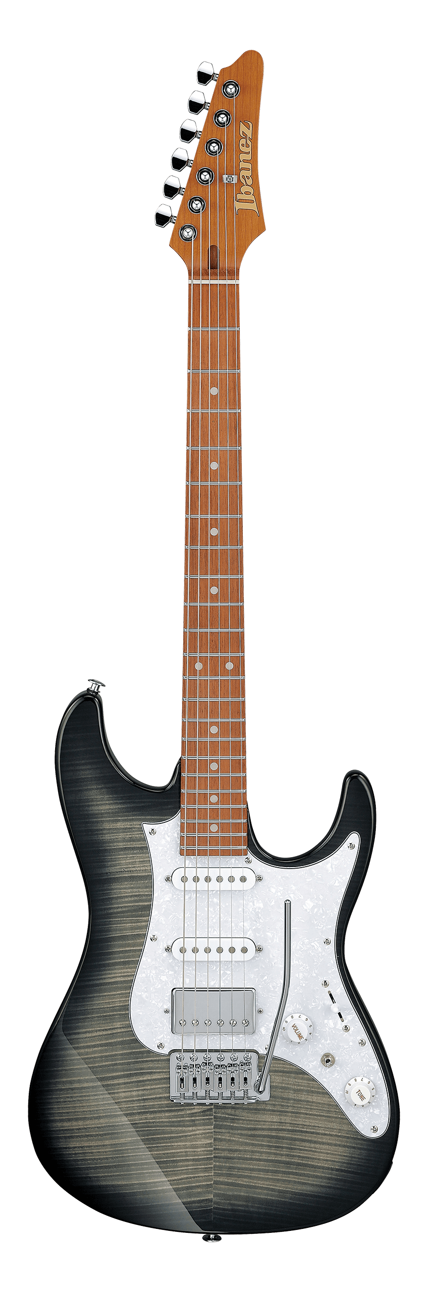 The image shows an electric guitar, likely an Ibanez, with a Strat-style body featuring a dark gray burst flame maple finish. It has a white pickguard, HSS pickups (humbucker at the bridge, single-coils at middle and neck), a maple neck with a dark fretboard, dot inlays, and chrome hardware. Controls include volume, tone, and a selector switch. This versatile mid-to-high-end guitar suits various music styles.