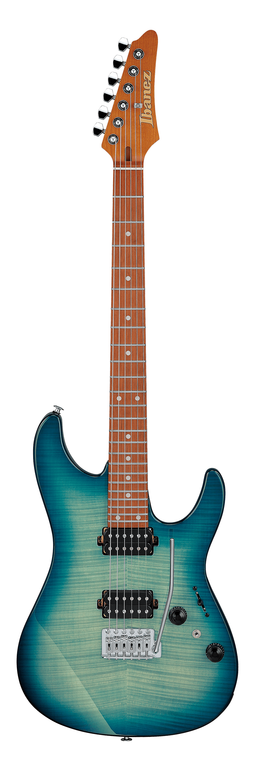 The image shows an Ibanez electric guitar with a blue-to-green gradient burst flamed maple top and a double-cutaway body. It features two black humbucker pickups, a floating tremolo bridge, multiple control knobs, and a pickup selector switch. The neck is light-colored wood with a dark fretboard and dot markers. The natural wood headstock has six black tuning pegs and the Ibanez logo. This premium model is likely from the RG series.