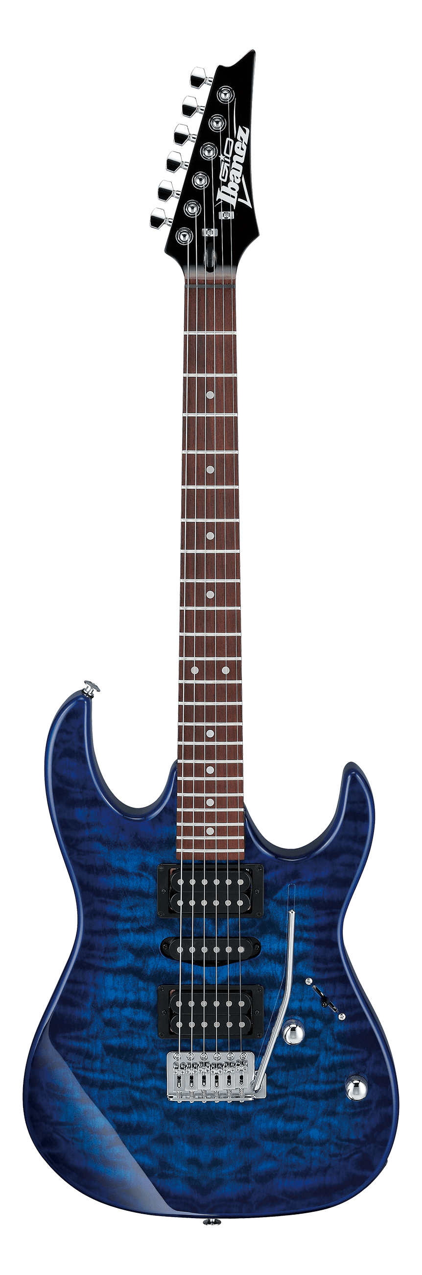 The image shows an Ibanez electric guitar, likely from the RG series, with a blue quilted maple top and double-cutaway body. It features an HSH pickup configuration with black pickups, a floating tremolo bridge, dark rosewood fretboard with dot inlays, chrome hardware, and a black pointed headstock with six inline tuners. The guitar includes volume, tone knobs, and a pickup selector, favored for rock and metal genres due to its fast neck and versatile setup.