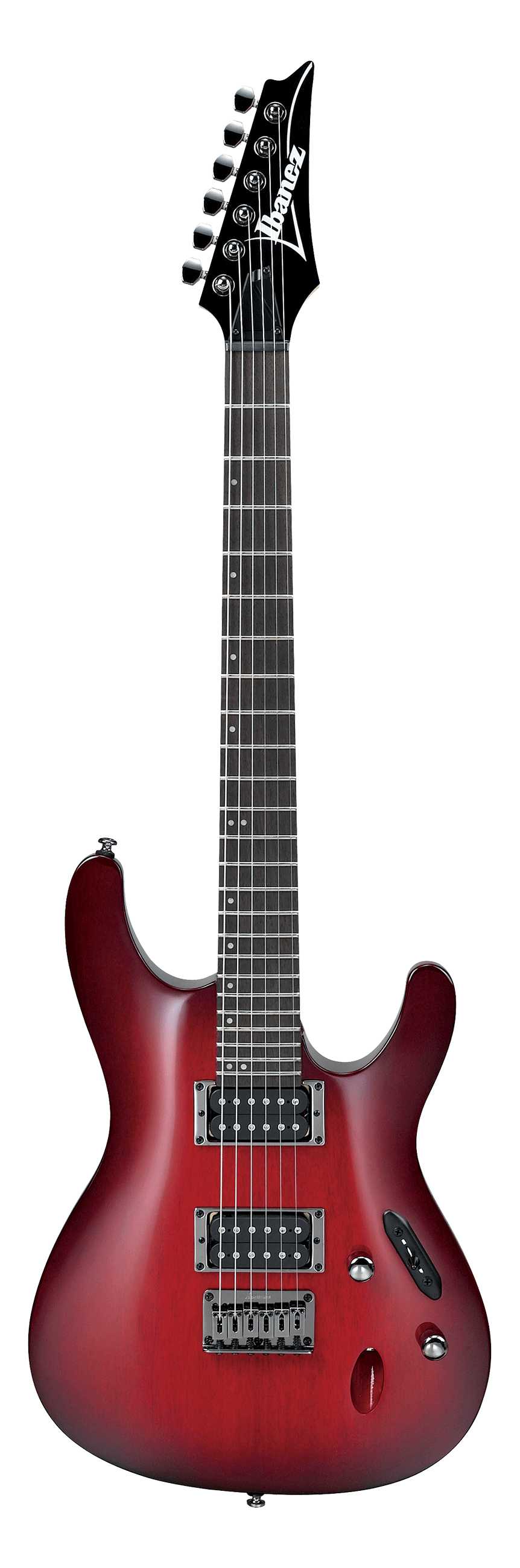 The image shows an Ibanez solid-body electric guitar with a red to burgundy burst finish and classic double-cutaway shape. It has a black headstock with the Ibanez logo, six inline tuning pegs, a dark fretboard with dot markers, two humbucker pickups, and standard controls including volume, tone knobs, and a pickup selector switch. This versatile mid-range guitar suits styles from rock to jazz.