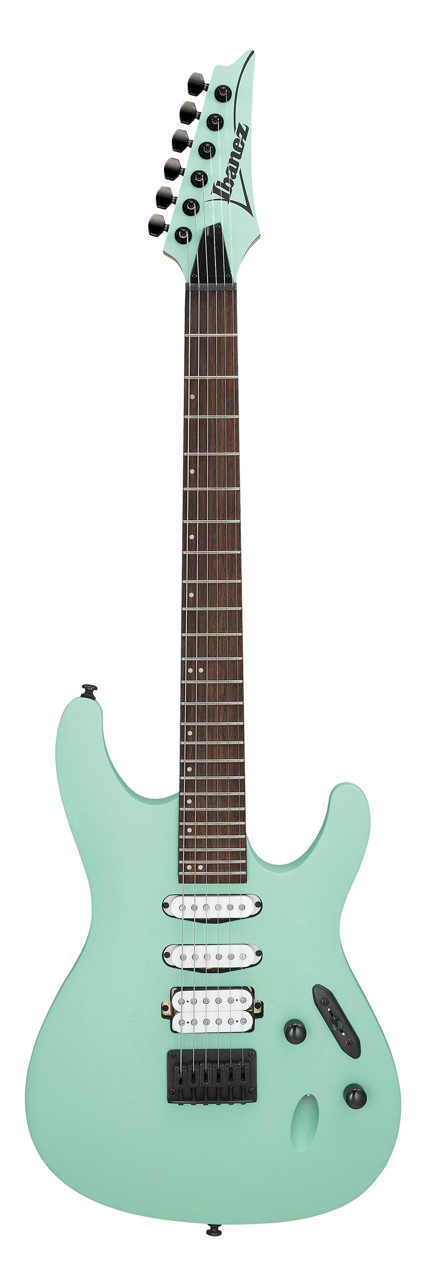 The image shows an Ibanez S-series electric guitar with a sleek, contoured body in a mint green finish. It features an HSS pickup configuration, black tremolo bridge, volume and tone knobs, and a pickup selector. The neck has a dark rosewood fretboard and a matching green headstock with six inline tuners and the Ibanez logo. This model is popular for its fast neck and versatile sound.