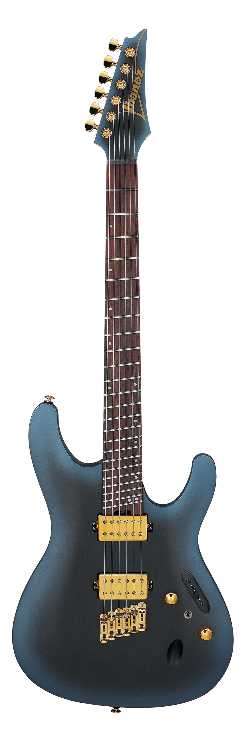 The image shows a dark blue Ibanez electric guitar with a sleek double-cutaway body and contoured shape. It features gold hardware, including tuning pegs, pickups, and a fixed bridge with string-through-body design. The guitar has two humbucker pickups, volume and tone controls, a rosewood fretboard with dot inlays, six strings, and the distinctive angular Ibanez headstock.
