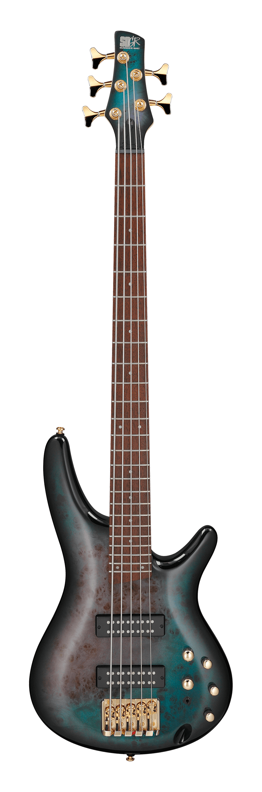 The image shows a beautiful 5-string electric bass guitar with a teal/turquoise burst finish and a classic double-cutaway body. It features two black humbucker pickups, gold hardware, multiple control knobs, and a rich brown fretboard with light markers. The gold tuning pegs match the five strings. A logo is faintly visible on the headstock. This high-end instrument combines premium craftsmanship with professional design for serious musicians.