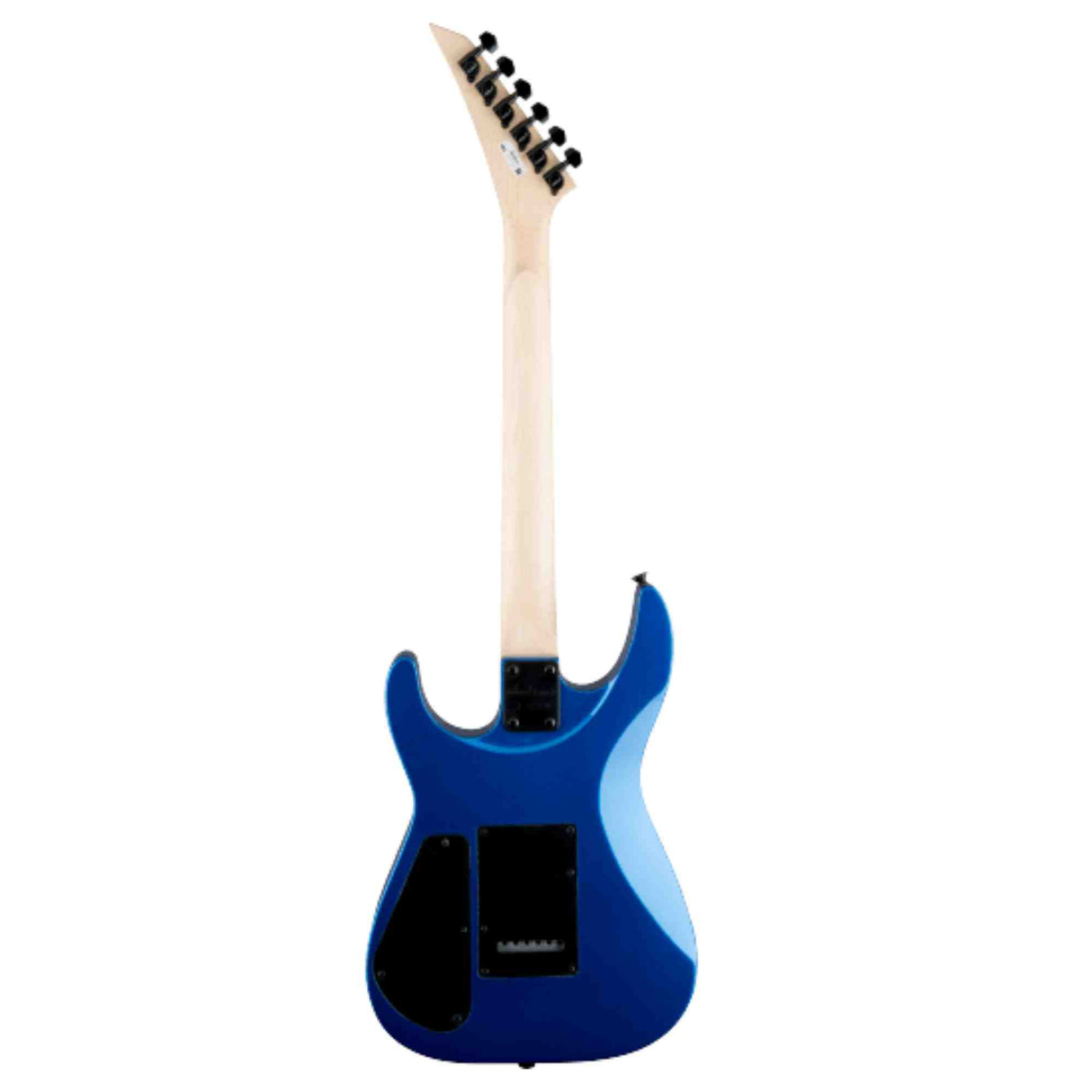 Image shows the back of a blue JS Series Dinky JS11, electric guitar. All the backplates are black.