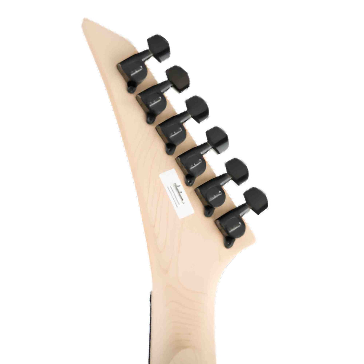 The back headstock of a Jackson guitar with black machine heads.