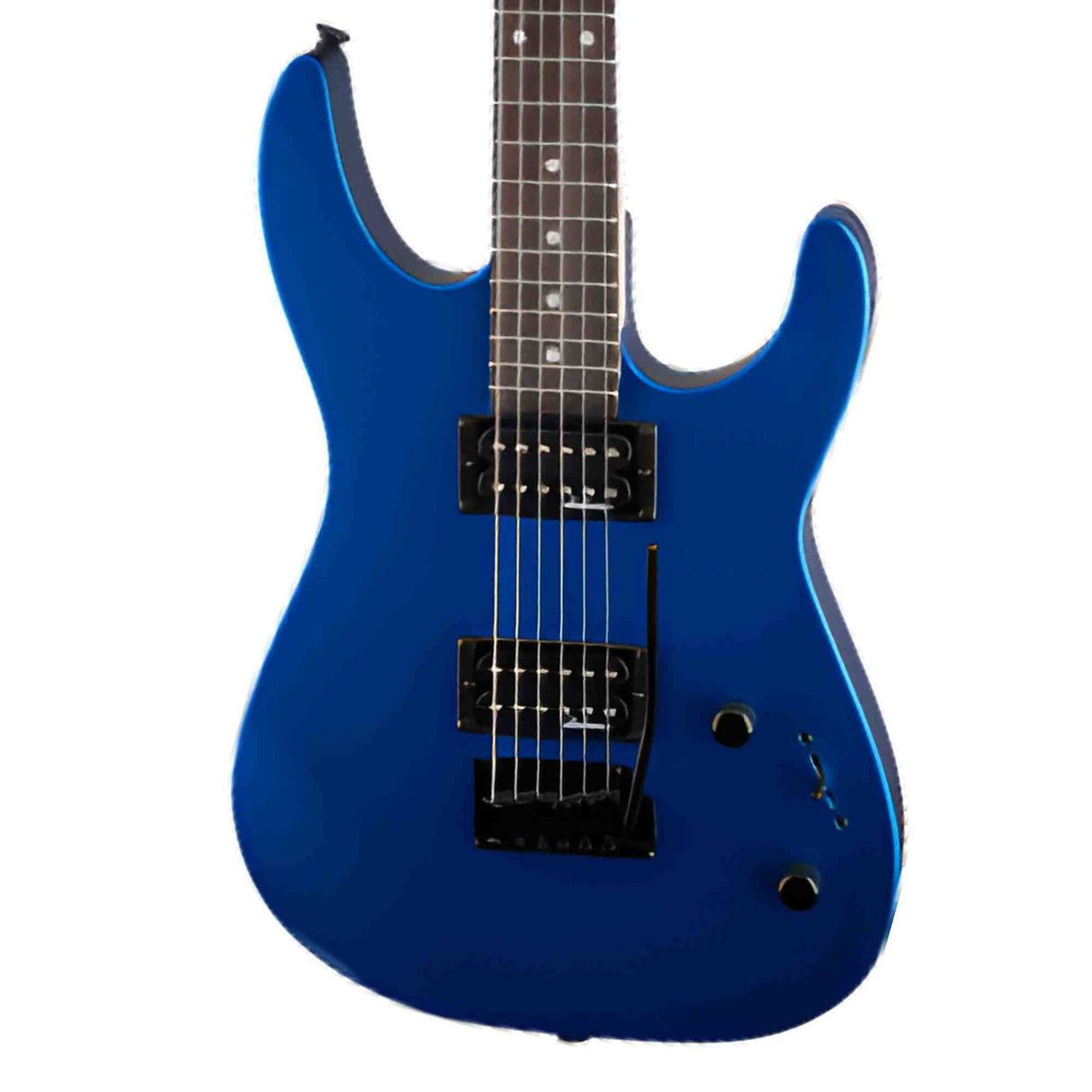 Close-up of a blue JS Series Dinky JS11, electric guitar. All the hardware including knobs, tremolo arm, knobs and pickups are black.
