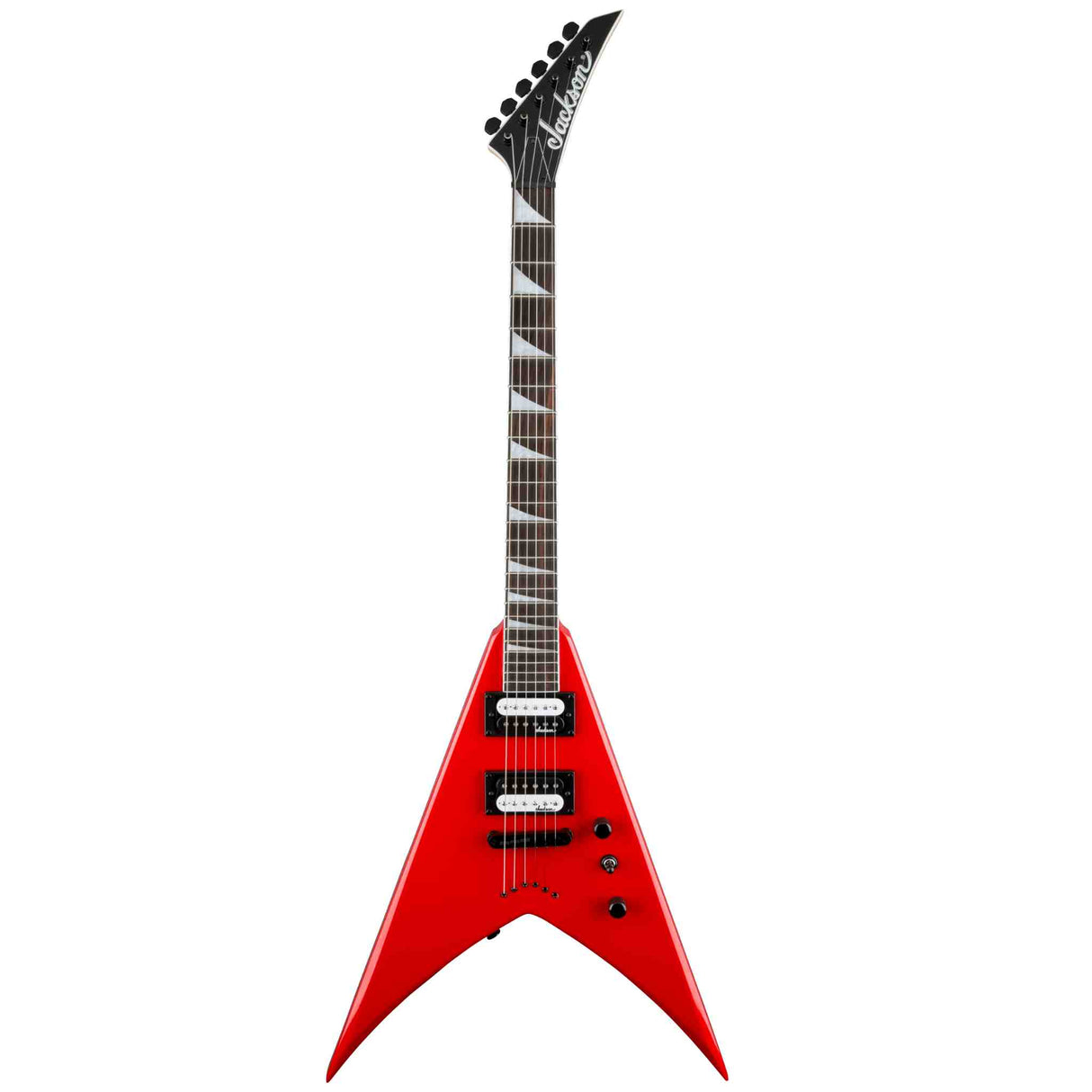 The front of a Ferrari red Jackson
JS Series King V JS32T, electric guitar with a white background. The body is in a V shape with black control knobs. It has four picks ups, two black and two white and a black headstock with black machine heads.