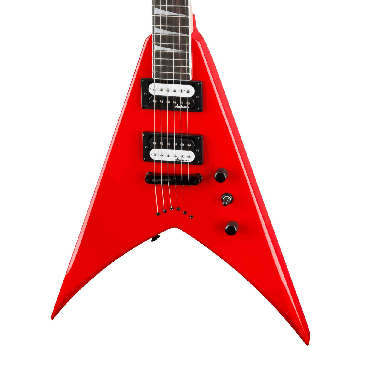 Close-up of a Ferrari red Jackson
JS Series King V JS32T, electric guitar. Red electric guitar on a white background. Body is in the shape of a V with Black and white pickups.