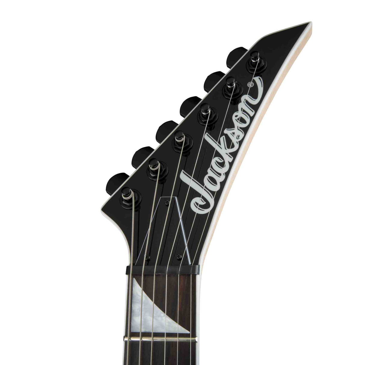 Black Jackson guitar headstock on a white background.
