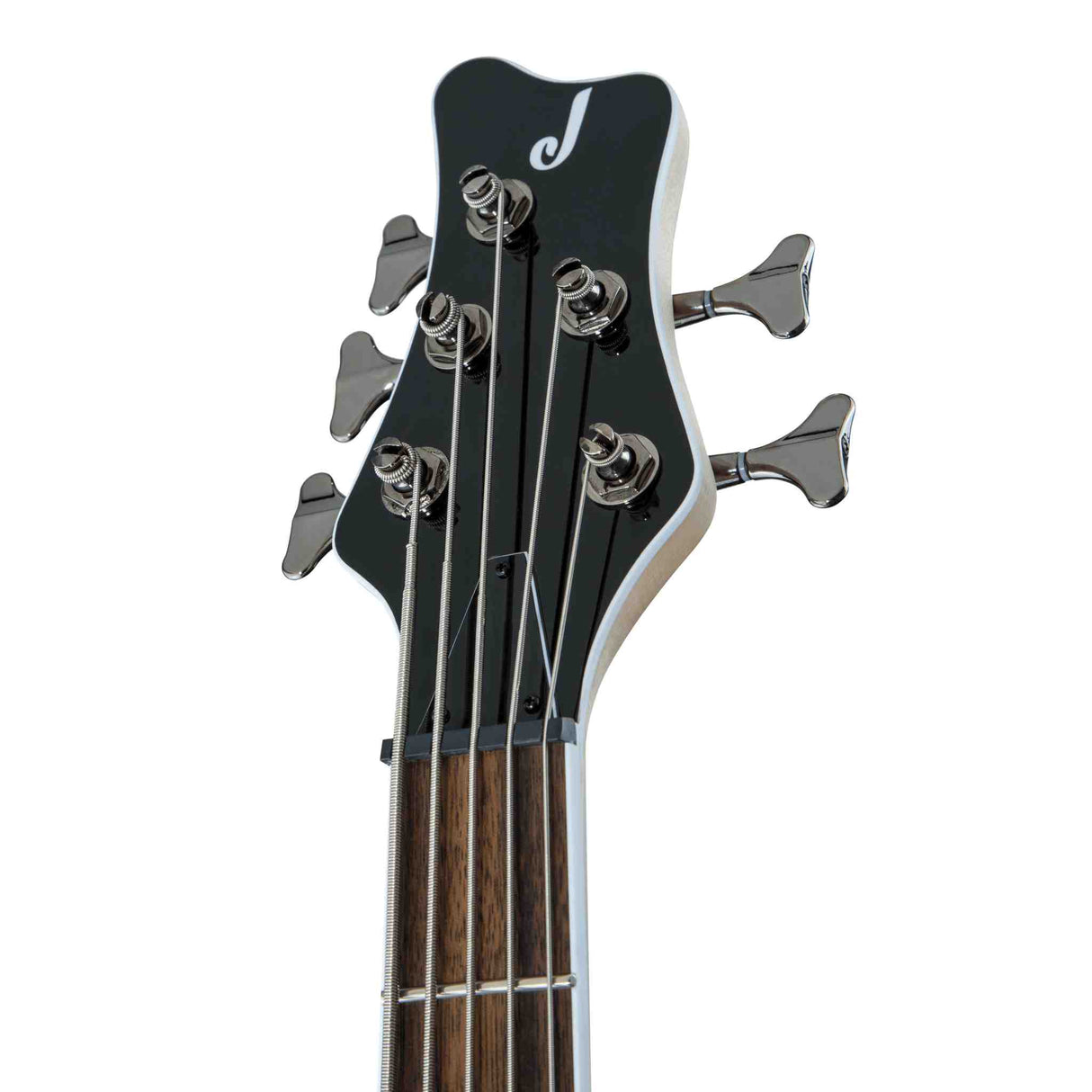 Close-up of a Jackson JS Series Spectra 5 string bass JS3QV headstock with silver tuning pegs on a white background. The headstock is black with a white J on it which is one of the Jackson logos.
