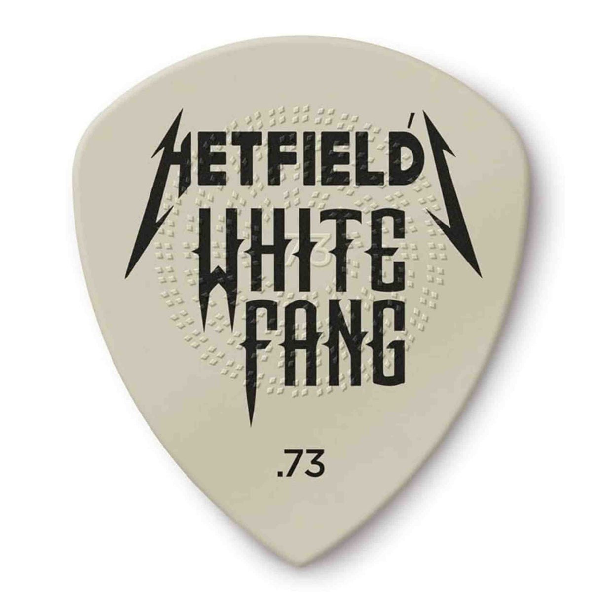 The image shows a white or cream-colored guitar pick with a teardrop shape. It features "HETFIELD" and "WHITE FANG" in a jagged, Metallica-style font, a ".73" thickness marking, and a subtle textured background for grip. This signature pick likely references James Hetfield and Metallica, combining collectible appeal with functional design.