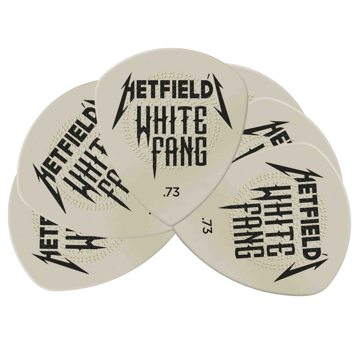 The image shows a set of white/cream Hetfield White Fang guitar picks with black text and a lightning bolt logo. They feature "HETFIELD," "WHITE FANG," and a .73mm thickness marking. The picks have a textured grip with raised dots and are arranged overlapping, indicating a multi-pack. These signature picks are associated with James Hetfield of Metallica, designed for rock and metal playing styles.